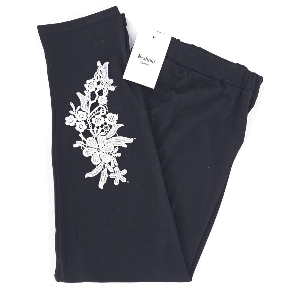 Embroidered Dress Pants Women 20 Black Floral Leggings Cottagecore Stretch Boho